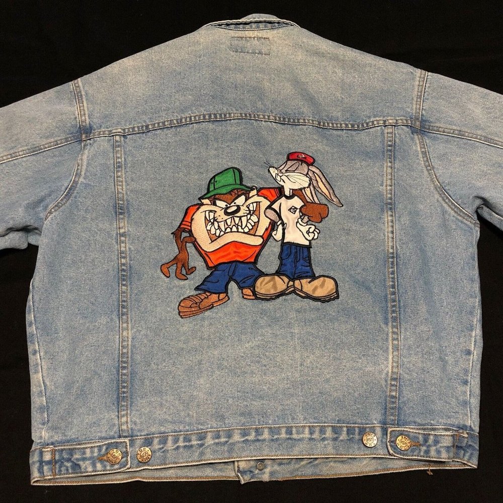 Vintage ‘92 Taz Bugs Warner Bros Denim Jean Jacket Hip Hop Large Top Line USA